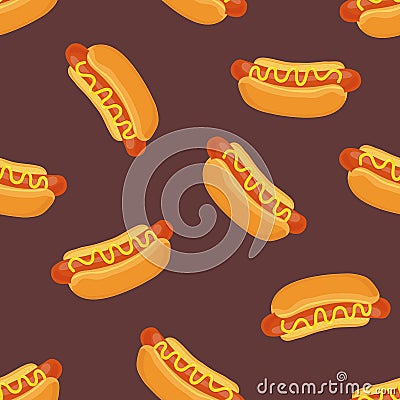 Colored seamless pattern with delicious hot dogs on dark background. Tasty sandwiches, sausages in bun with mustard Vector Illustration