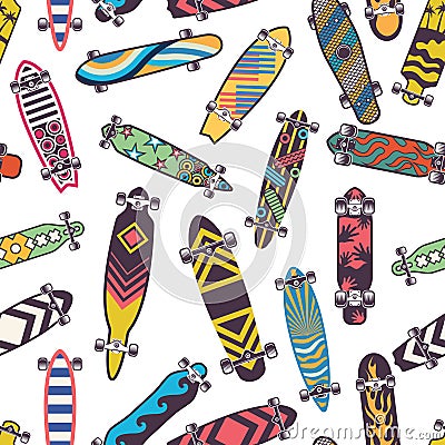 Colored seamless pattern with various skateboards Vector Illustration