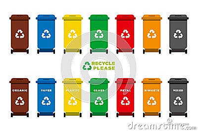 Colored Separation Recycling Bins for organic, paper, plastic, glass, metal, e-waste and mixed waste. Vector Illustration