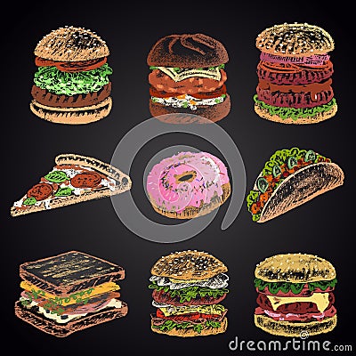 Colored set of chalk drawn 9 different fast food icons on black chalkboard: donut, pizza, burgers, tacos, sandwich. Vector Illustration