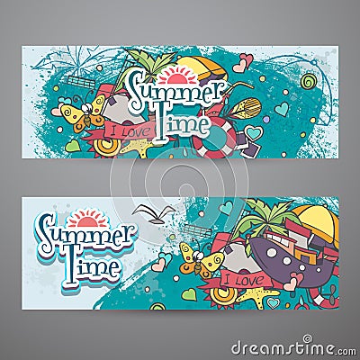 A colored set of horizontal banners with summer doodles Vector Illustration