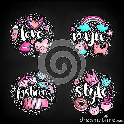 Colored Set of teenage girl icon concept, cute cartoon teen objects, fun stickers design vector with lettering love Vector Illustration