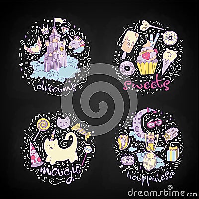 Colored Set of teenage girl icons, cute cartoon teen objects, fun stickers design vector such as magic castle, cupcake Vector Illustration