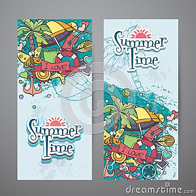 A colored set of vertical banners with summer doodles Vector Illustration