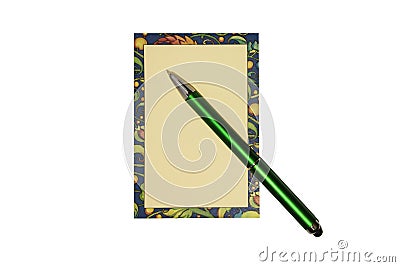 Colored sheet for notes and a green pen on a white background Stock Photo