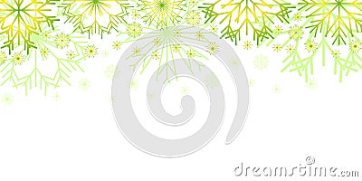 Colored shiny snowflakes on spruce background. New Year`s and Christmas. Vector Illustration