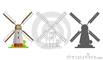 Colored, silhouette and contour mill on an isolated white background. Mill in flat design Vector Illustration