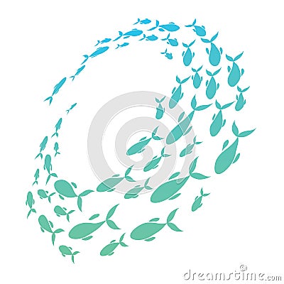 Colored silhouettes school of fish. A group of silhouette fish swim in a circle. Marine life. Vector illustration. Logo Vector Illustration
