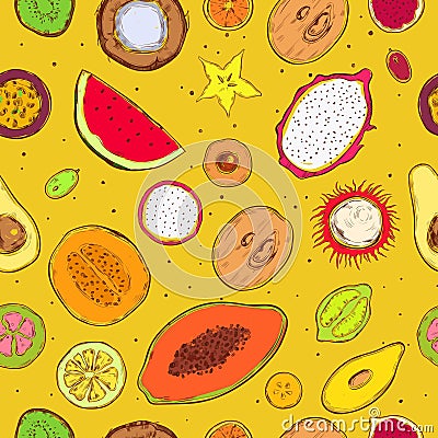 Colored Sketch Exotic Products Seamless Pattern Vector Illustration