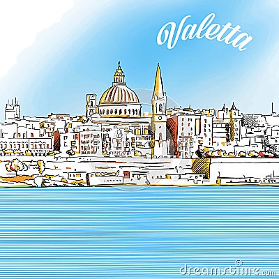 Colored Sketch of Valetta, Malta Vector Illustration