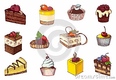 Colored sketches of cupcakes, berry pie and chocolate tiered cake Vector Illustration
