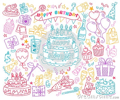 Colored sketchy doodle linear birthday holiday party event celebration item and supply set Vector Illustration