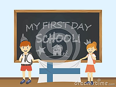 Colored smiling children, boy and girl, holding a national Finland flag behind a school board illustration. Vector cartoon illustr Cartoon Illustration