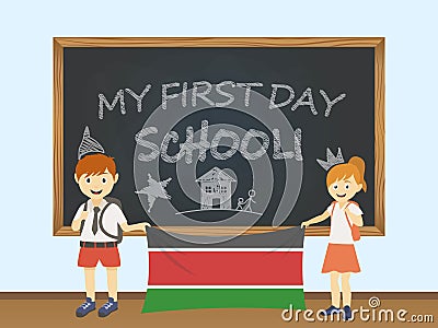 Colored smiling children, boy and girl, holding a national Kenya flag behind a school board illustration. Vector cartoon illustrat Cartoon Illustration