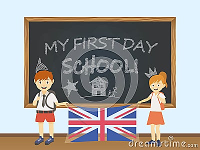 Colored smiling children, boy and girl, holding a national UK flag behind a school board illustration. Vector cartoon illustration Cartoon Illustration