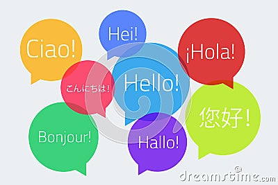 Colored speech bubbles with the text Hello in different language Vector Illustration