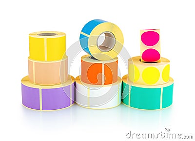 Colored square and circle label rolls isolated on white background with shadow reflection - clipping path. Color reels of labels Stock Photo