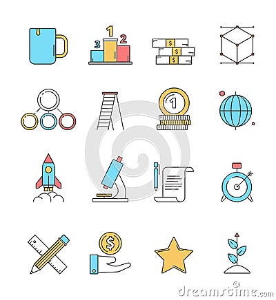 Colored startup icons. Business plan perfect innovation idea dreams entrepreneurship investors vector linear icon Vector Illustration