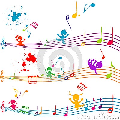 Colored stave with kids singing Vector Illustration