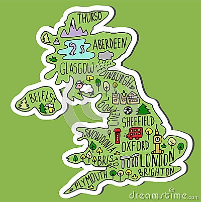 Colored sticker of Hand drawn doodle Great Britain map. England city names lettering and cartoon landmarks, tourist attractions Stock Photo
