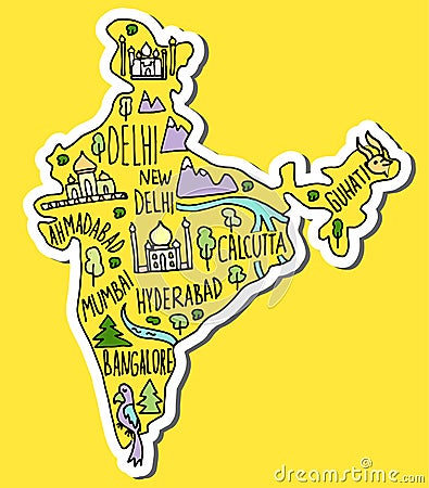 Colored Sticker of Hand drawn doodle India map. India city names lettering and cartoon landmarks, tourist attractions cliparts Stock Photo