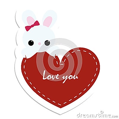 Colored stickers Bunny with red heart I love you. badge, patch o Vector Illustration