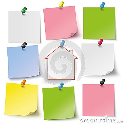 8 Colored stickers Thumbtacks House Vector Illustration