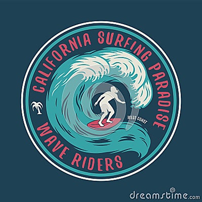 Silhouette of a man on wave on surfing board Vector Illustration