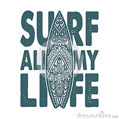 Surfboard with ornament for surfing summer print Vector Illustration