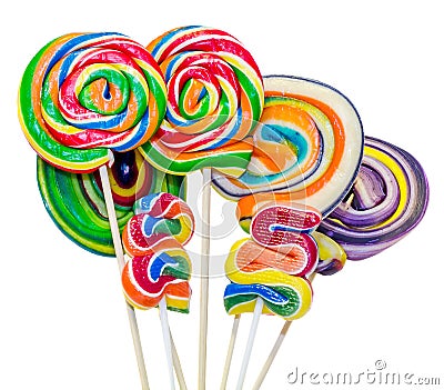 Colored sweet candys, lollipops sticks, Saint Nicholas sweets, Christmas candys isolated, white background Stock Photo