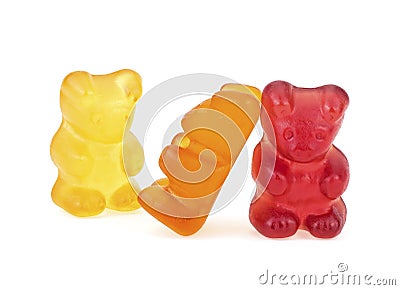 Colored sweet jelly marmalade teddy bears isolated on white background. Gummy bears Editorial Stock Photo