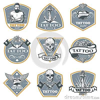 Colored Tattoo Studio Labels Set Vector Illustration