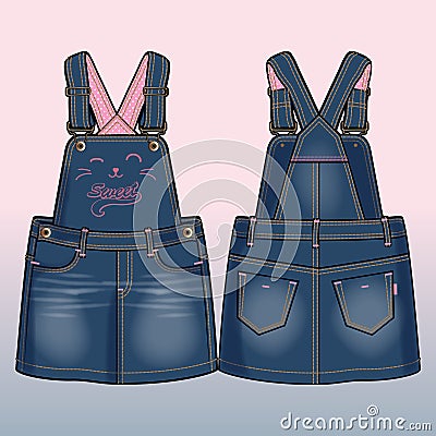 Front and back sides of a denim sundress Vector Illustration