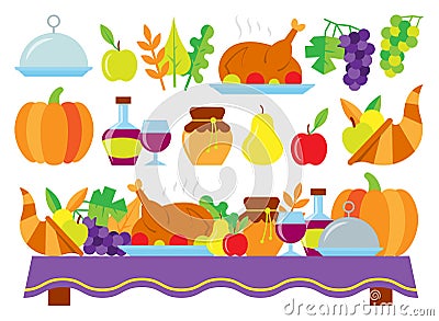 Food for thanksgiving dinner on the holiday table Vector Illustration