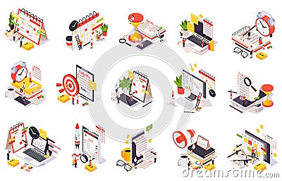 Colored Time Management Planning Schedule Isometric Icon Set Vector Illustration