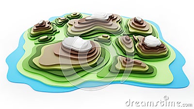 Colored topography map showing valleys and mountains. 3D illustration Cartoon Illustration