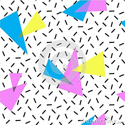 COLORED TRIANGLE MEMPHIS STYLE SEAMLESS PATTERN. GEOMETRIC ELEMENTS TEXTURE. 80S-90S DESIGN ON WHITE BACKGROUND. Vector Illustration