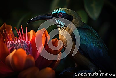 Colored tropical bird and beautiful surreal flowers. Generative AI Cartoon Illustration