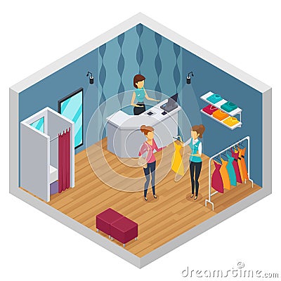 Colored Trying Shop Isometric Interior Vector Illustration