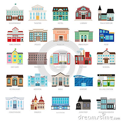 Colored urban government building icons Vector Illustration