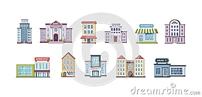 Colored urban government, private and municipal building set public place city architecture facades Vector Illustration