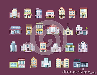 Colored urban government, private and municipal building set public place city architecture facades Vector Illustration
