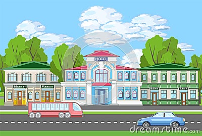 Colored urban landscape with hotel, market and bank. City street downtown billboard. Panorama with modern buildings and skyscraper Vector Illustration