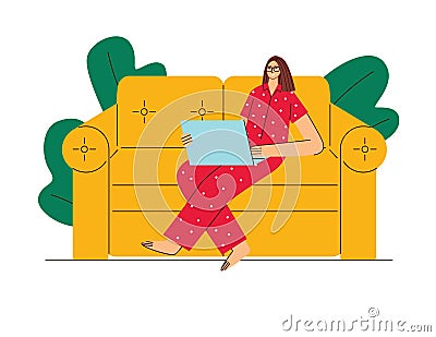 Colored vector illustration flat style. A woman works from home on self-isolation. Cartoon Illustration