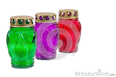Colored votive candles on white background Stock Photo