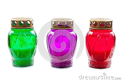 Colored votive candles on white background Stock Photo