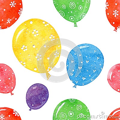 Air multicolored holiday Hand drawn watercolor balloons on white background seamless pattern Stock Photo