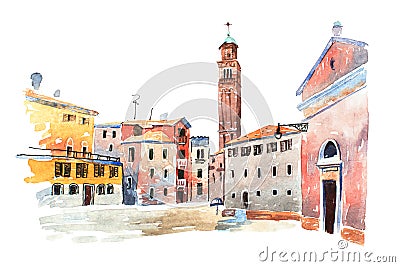 Colored watercolor sketch of old town in Europe drawn on white paper. View Santa Maria dei Frari steeple in Venic Stock Photo