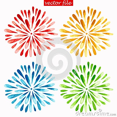 Colored Watercolor Sunburst Flowers Vector Illustration