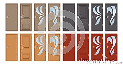 Colored wooden doors isolated on white background, realistic wooden door, colour illustration of different door design, office Vector Illustration